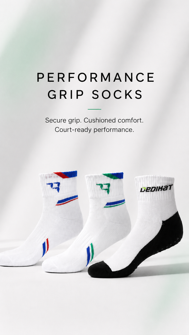 Three pairs of performance grip socks on a light gray background with text highlighting features.