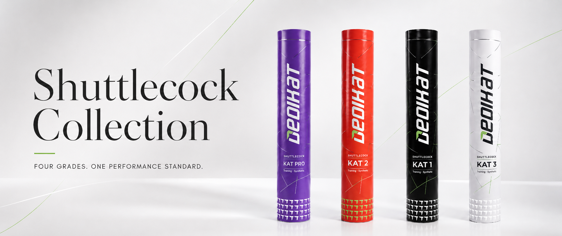 Four shuttlecock tubes with different colors and branding on a white background