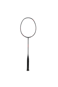 Black badminton racket on a white background