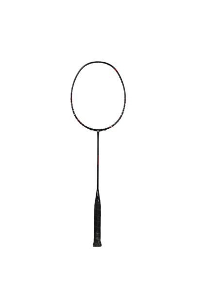 Black badminton racket on a white background